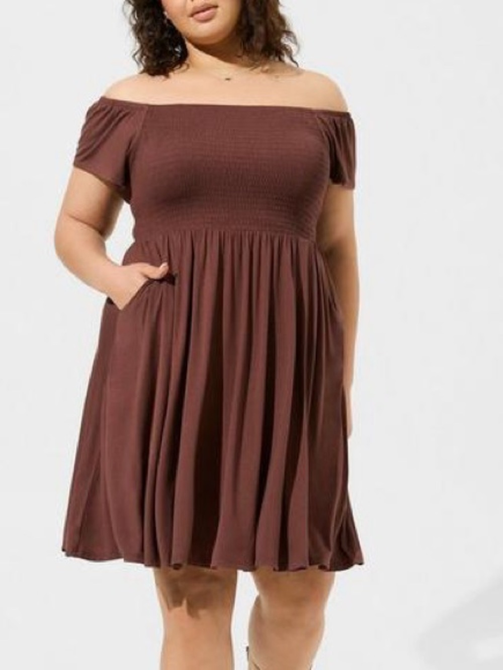 Torrid Super Soft Off Shoulder Mini Dress Deep Mahogany‎ Pockets NWT 6X Smocked